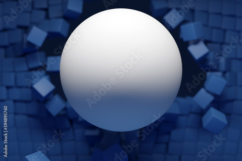 3d illustration of a large white ball bursting out of a wall of blue cubes. Technology geometry background. Flying ball and cubes