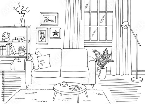 Living room graphic black white home interior sketch illustration vector