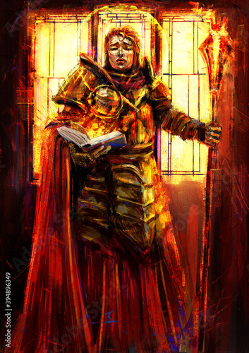Obraz na plátně A female Inquisitor, in Golden armor, stands at a bright window with a fire book in one hand, and a huge flaming Mace in the other, her face reads sanctity, a halo around her head