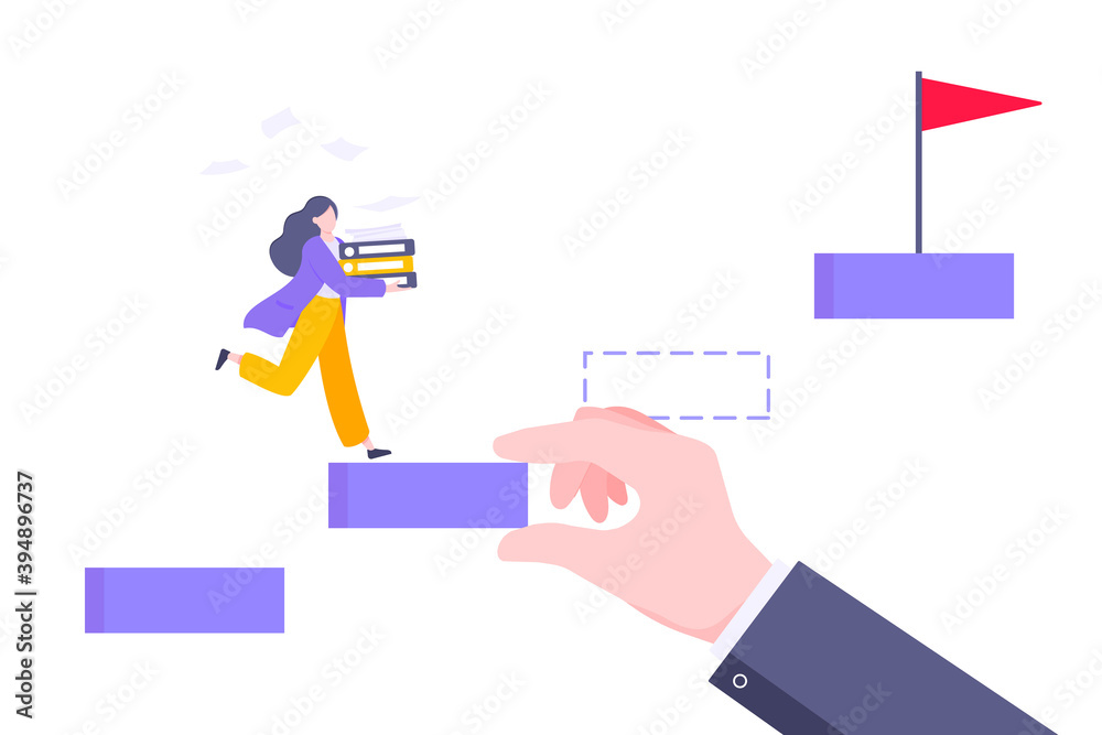 Business mentor helps to improve career and holding stairs stepr vector illustration. Mentorship, upskills and self development strategy flat style design business concept.