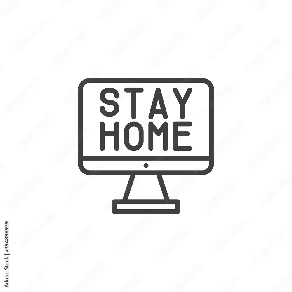 Computer monitor with stay home text line icon. linear style sign for mobile concept and web design. Work from home outline vector icon. Symbol, logo illustration. Vector graphics Computer monitor with stay home text line icon. linear style sign for mobile concept and web design. Work from home outline vector icon. Symbol, logo illustration. Vector graphics