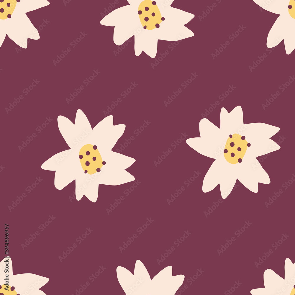 Cute Repeat Tulip Wildflower Pattern with maroon red background. Seamless floral pattern. white tulip. Stylish repeating texture. Cute Repeat Tulip Wildflower Pattern with maroon red background. Seamless floral pattern. white tulip. Stylish repeating texture.