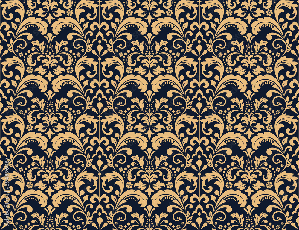 Wallpaper in the style of Baroque. Seamless vector background. Gold and dark blue floral ornament. Graphic pattern for fabric, wallpaper, packaging. Ornate Damask flower ornament