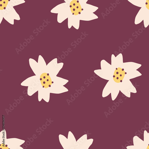 Cute Repeat Tulip Wildflower Pattern with maroon red background. Seamless floral pattern. white tulip. Stylish repeating texture. 