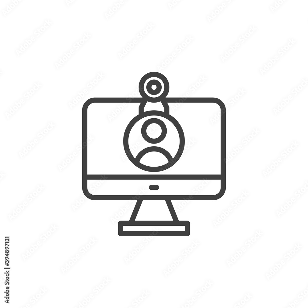 Computer video call line icon. PC monitor with webcam linear style sign for mobile concept and web design. Online video chat outline vector icon. Symbol, logo illustration. Vector graphics Computer video call line icon. PC monitor with webcam linear style sign for mobile concept and web design. Online video chat outline vector icon. Symbol, logo illustration. Vector graphics