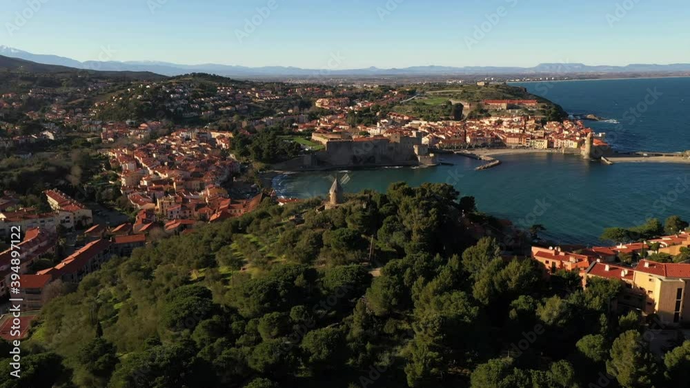 Aerial view of Collioure and Fort Saint Elme France sunny day mediterranean city Aerial view of Collioure and Fort Saint Elme France sunny day mediterranean city