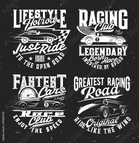 Tshirt prints with car rally, racing club and motorsport championship, vector t shirt prints mockup. Wing roadster race symbols with checkered flag, speedometer, retro vehicles and champion stars