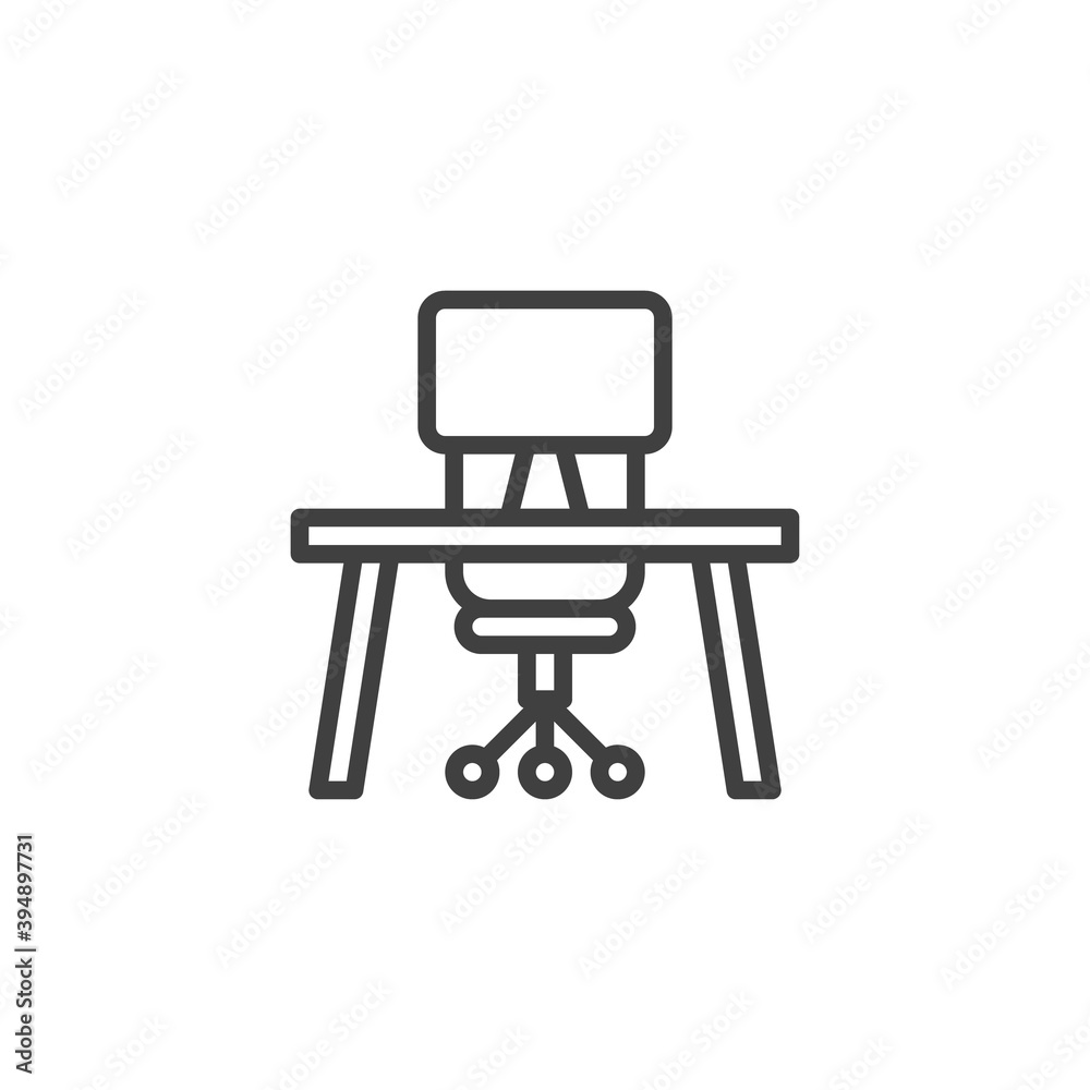 Office desk with computer and chair line icon. linear style sign for mobile concept and web design. Office workplace outline vector icon. Symbol, logo illustration. Vector graphics Office desk with computer and chair line icon. linear style sign for mobile concept and web design. Office workplace outline vector icon. Symbol, logo illustration. Vector graphics