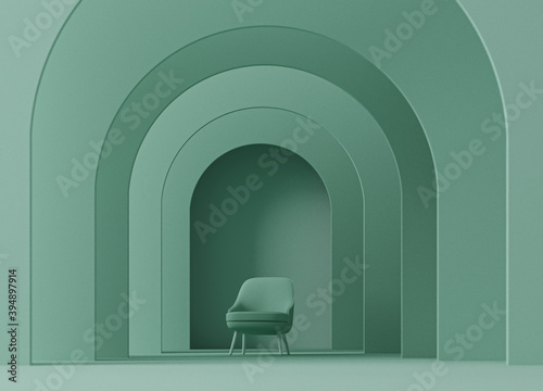 Minimal stage with a chair and abstract background. Pastel blue and green colors. Trendy 3d rendering for social media banners, promotion, cosmetics trade show. Interior geometric shapes.
