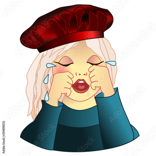emoji with poor upset girl that weeps and cries with tear drops running on his hands because he is devastated by troubles in life, simple colored emoticon