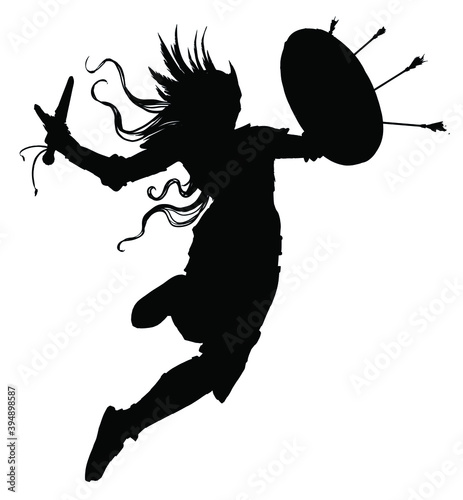 Silhouette of a Valkyrie rushing into battle, in an epic leap with a sword and shield in which arrows stick out, wearing a helmet with wings, armor, her hair fluttering in the wind. 2D illustration