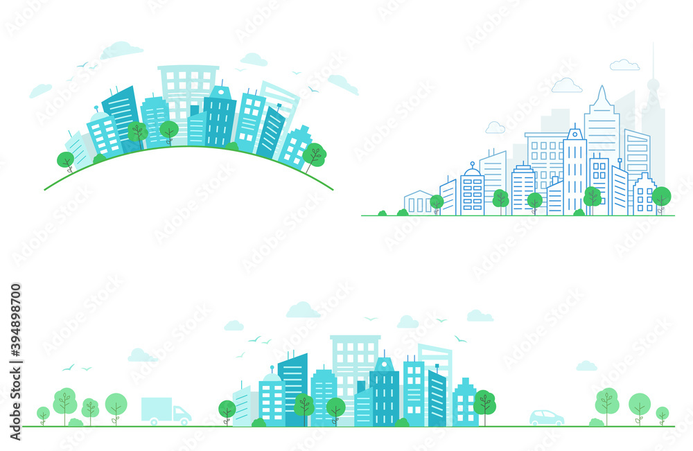 Set of cityscapes. City street with cars. A city with thin lines. Vector illustration. Urban city landscape