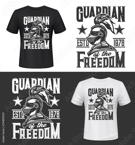Tshirt print with knight head vector mascot. Apparel mockup with roman or greek gladiator, solder or warrior in helmet with plumage and cape, typography guardian of freedom, t-shirt mock up template