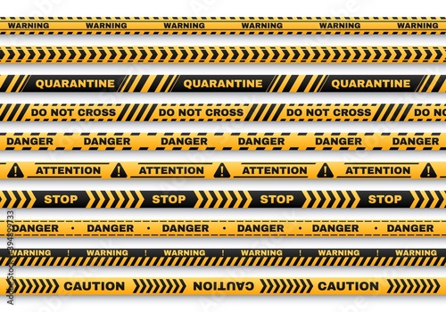 Security warning vector tapes, accident or murder place fencing with typography Quarantine, Caution, Do not cross, Stop, Danger for web, police, detective or criminal and law forbidden territory pass © Vector Tradition