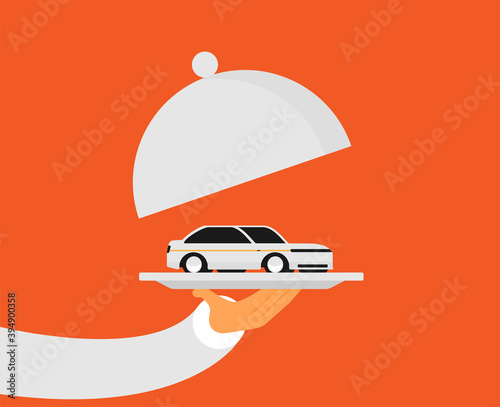 picture of human hand holding tray with car, flat style illustration