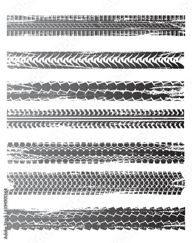 Tire tracks grunge prints, tyre wheels pattern, vector car or tractor truck and bike imprint silhouette. Car racing and cycling tires prints with treads texture, black tyre rubber traces marks on road