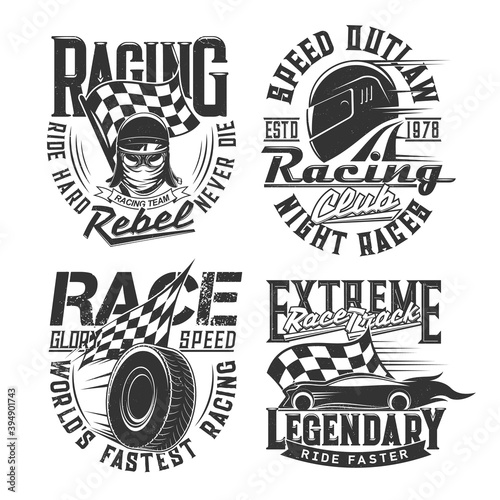 Car racing club, motorsport team t-shirt retro prints. Car or motorcycle race driver, racer modern and vintage helmet, goggles, checkered flag and tire engraved vector. Racetrack driver clothing print