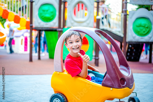 A happy boy in a red T-shirt is having fun at an amusement park. Portrait of a happy child © Inna Tolstorebrova