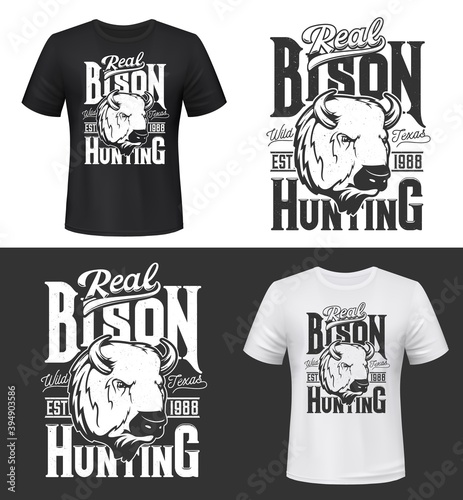 Bison hunting retro t-shirt print mockup. American buffalo head engraved monochrome vector. Big game hunting hobby, hunter apparel custom print design with wild bison bull and vintage typography