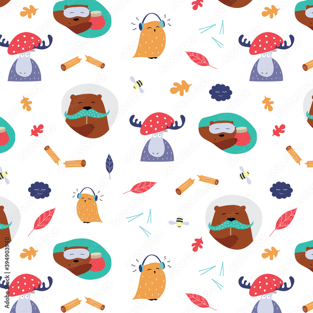 Autumn pattern with funny animals
