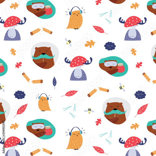 Autumn pattern with funny animals