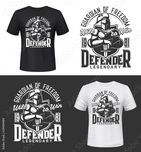 Tshirt print with knight and sword, vector mockup medieval warrior mascot in helmet, shield, cape and armour. Monochrome apparel design legendary defender typography, isolated t shirt print or label photo