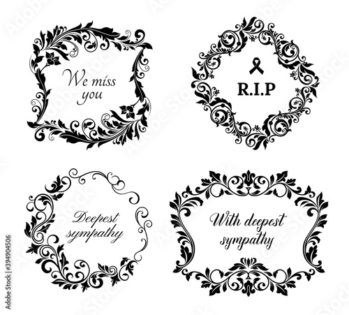 Funeral cards, vector vintage condolence floral wreaths, ornament with flourishes and obituary typography. Retro frames, obsequial memorial, funeral sorrowful borders or necrology monochrome templates
