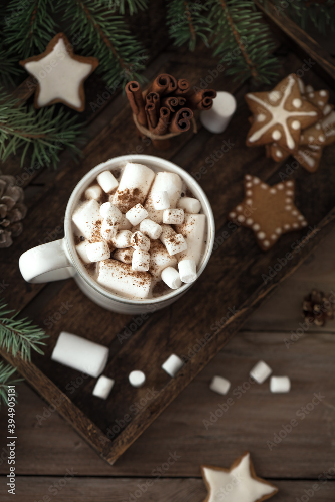 Christmas concept with hot drink, marshmallow, gingerbread cookies