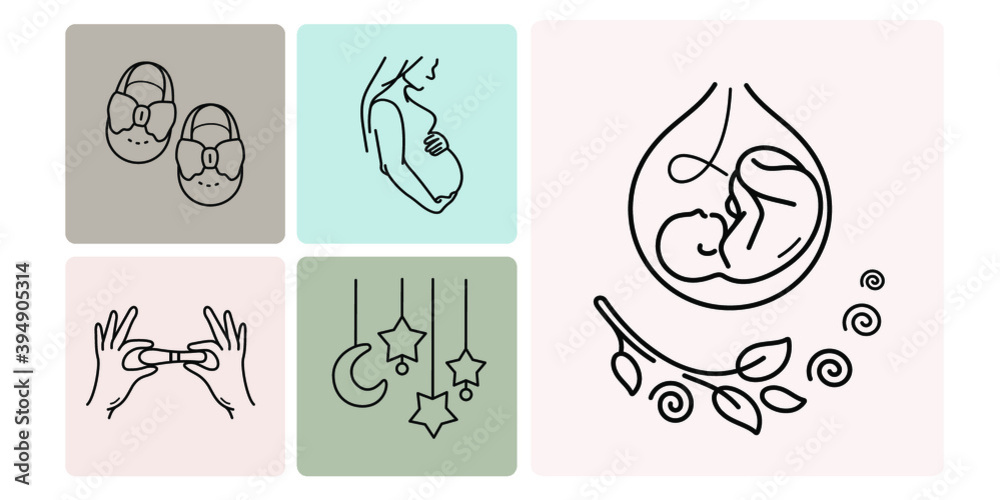 Motherhood, maternity  silhouette of pregnant women, hands holding a test and fetus outline icons isolated on pastel-colored background