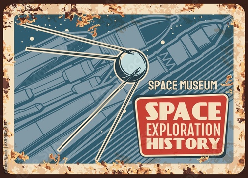 Space museum vector rusty metal plate. Rocket carry shuttle on board, satellite flying up to stars. Vintage rust tin sign of outer cosmos and galaxy exploration history, universe explore retro poster