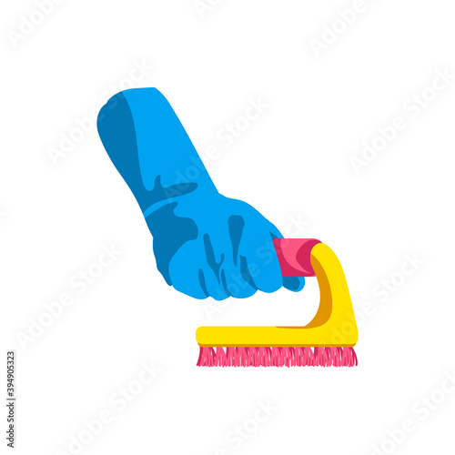 Hand holding brush. Human hand in blue rubber glove with cleaning tool. Cleaning service, housework, hygiene cleanup chores concept cartoon vector illustration isolated on white background
