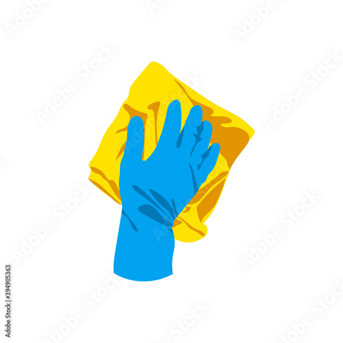 Hand in rubber glove cleaning with rug. Cleaning service, housework, hygiene cleanup chores, disinfection concept cartoon vector illustration isolated on white background