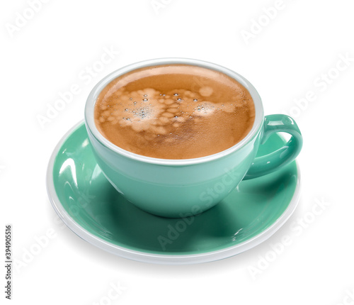 Cup of hot espresso on white background