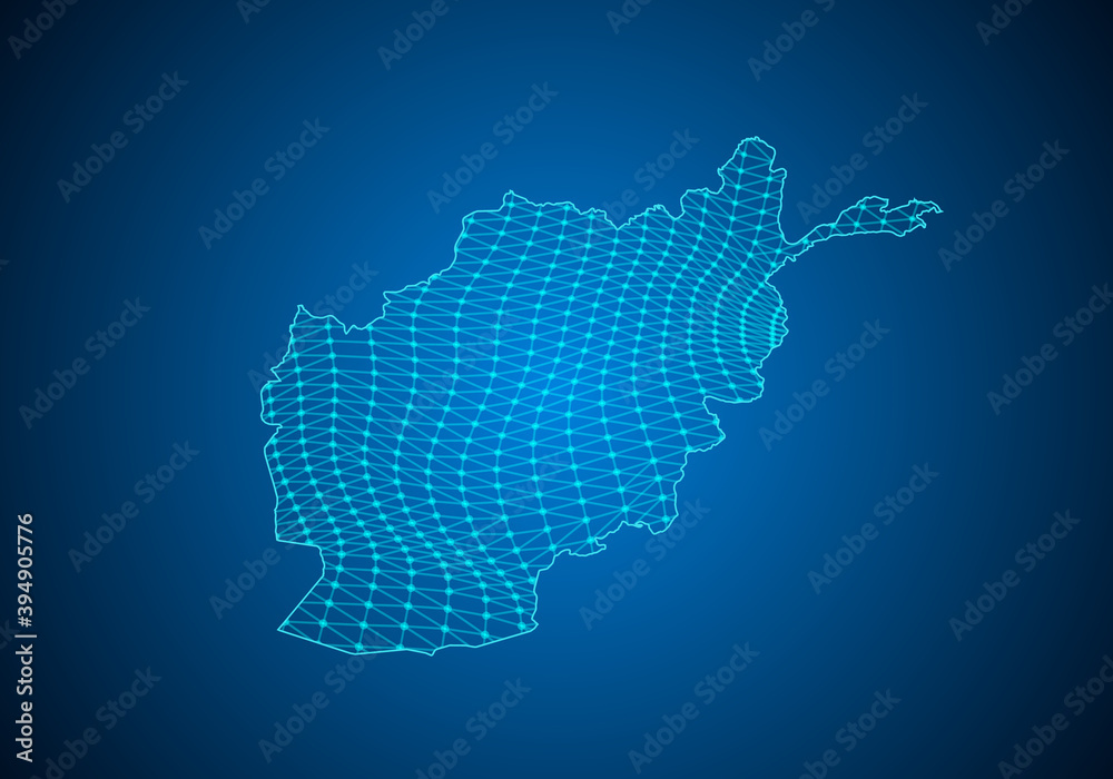Abstract digital map of Afghanistan with particles dots and line. polygonal network business. Wireframe landscape background. Big Data. 3d futuristic. Global network connection.
