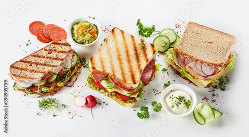Fotografie, Obraz Trio of gourmet sandwiches on assorted bread