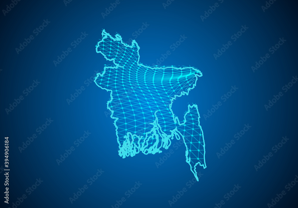 Abstract digital map of bangladesh with particles dots and line. polygonal network business. Wireframe landscape background. Big Data. 3d futuristic. Global network connection.