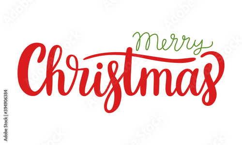 Merry Christmas calligraphy phrase isolated on white background. Handwritten vector lettering for postcard, social media or web banner. Seasonal greeting typography template.
