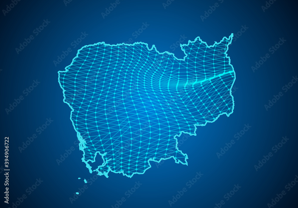 Abstract digital map of cambodia with particles dots and line. polygonal network business. Wireframe landscape background. Big Data. 3d futuristic. Global network connection.