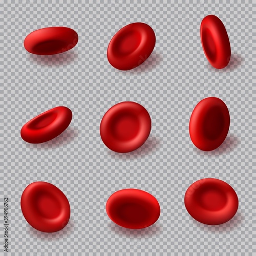 Red blood cells 3d vector hemoglobin, hematology medicine, human body anatomy. Realistic microscopic blood cells of cardiac system isolated on transparent background. Medical healthcare elements set