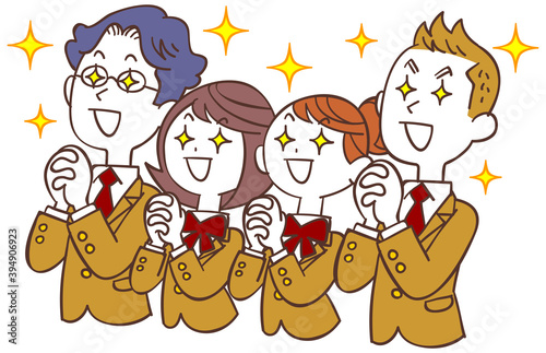 希望を持つベージュ色の制服の男女の学生
