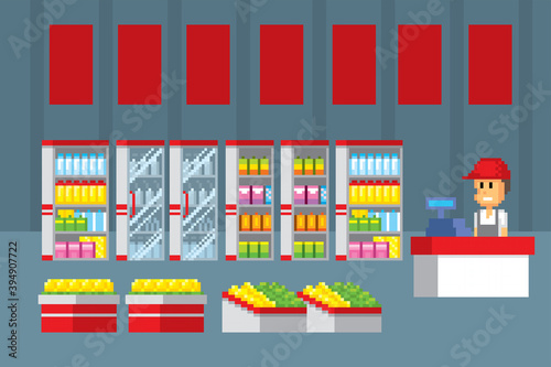 Supermarket interior. Pixel art. Old school computer graphic. 8 bit video game. Game assets 8-bit sprite. 16-bit.