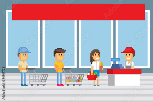 Supermarket interior. Pixel art. Old school computer graphic. 8 bit video game. Game assets 8-bit sprite. 16-bit.