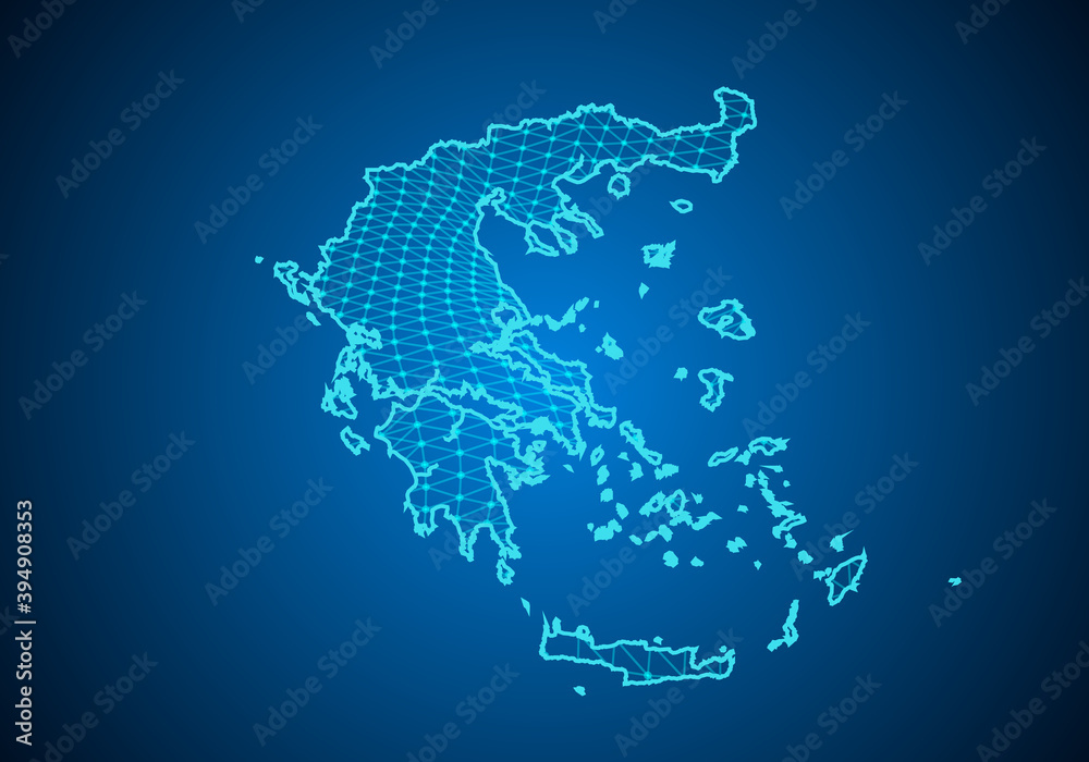 Abstract digital map of greece with particles dots and line. polygonal network business. Wireframe landscape background. Big Data. 3d futuristic. Global network connection.