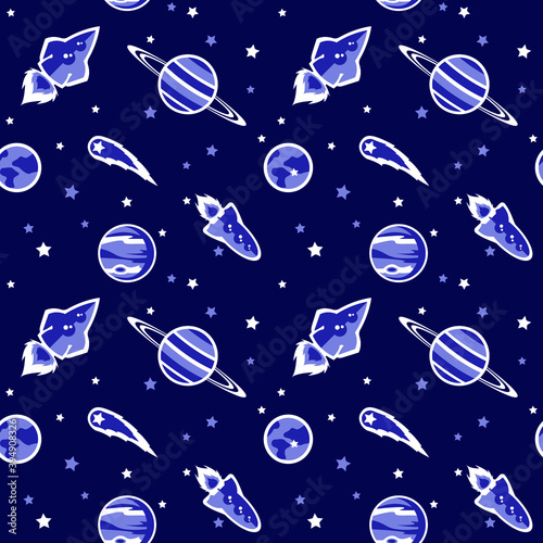 vector kids cartoon planet seamless pattern with spaceships, rockets. Illustration, great for wallpaper, textile and texture design