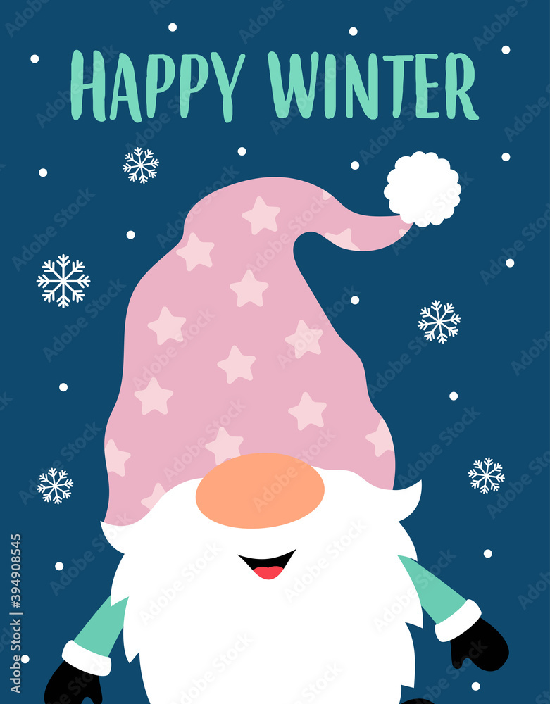 christmas card with cute gnome, vector illustration