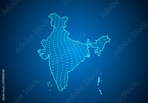 Abstract digital map of india with particles dots and line. polygonal network business. Wireframe landscape background. Big Data. 3d futuristic. Global network connection.