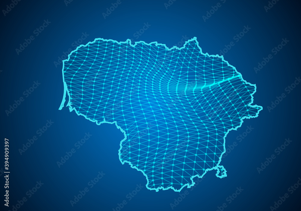 Abstract digital map of lithuania with particles dots and line. polygonal network business. Wireframe landscape background. Big Data. 3d futuristic. Global network connection.