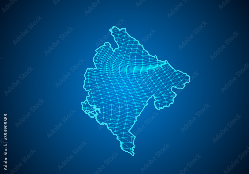 Abstract digital map of montenegro with particles dots and line. polygonal network business. Wireframe landscape background. Big Data. 3d futuristic. Global network connection.