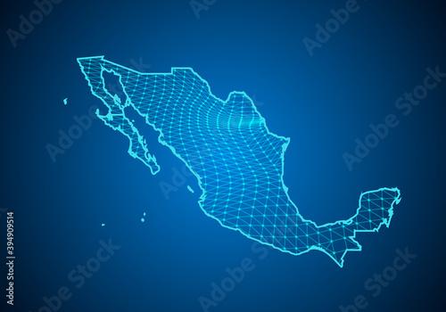Abstract digital map of mexico with particles dots and line. polygonal network business. Wireframe landscape background. Big Data. 3d futuristic. Global network connection.