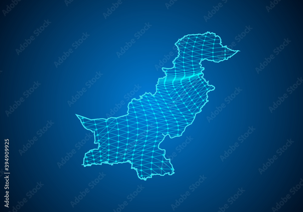Abstract digital map of pakistan with particles dots and line. polygonal network business. Wireframe landscape background. Big Data. 3d futuristic. Global network connection.